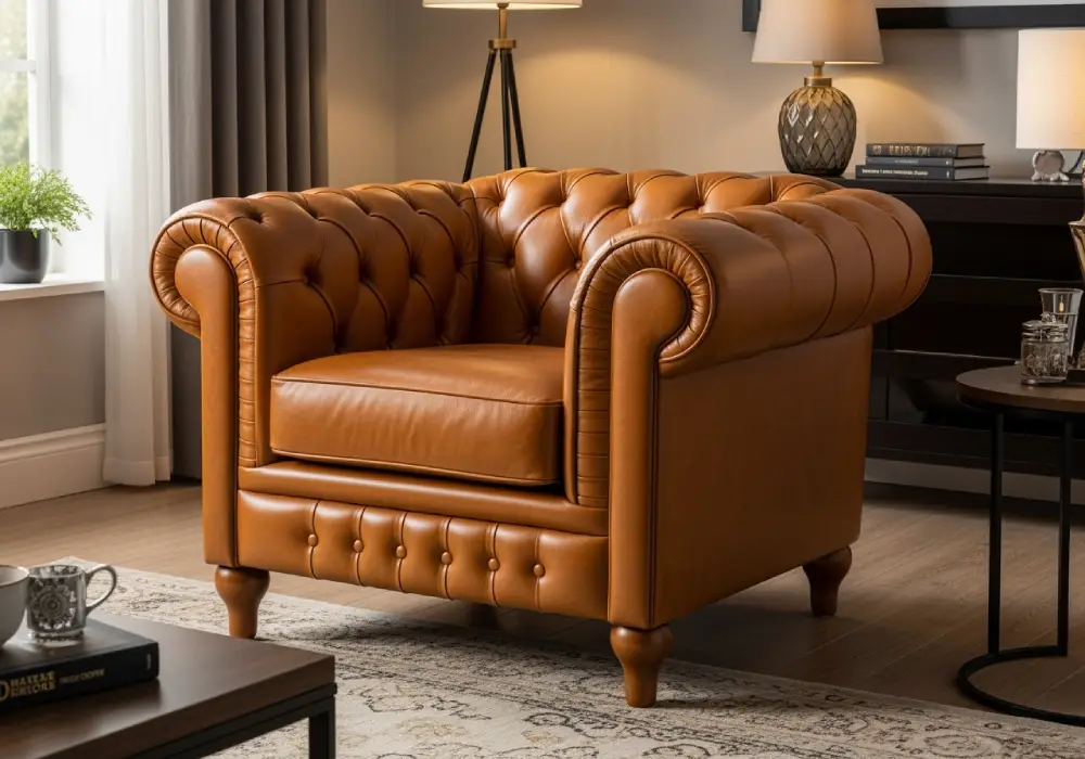 Fauteuil Chesterfield en cuir camel